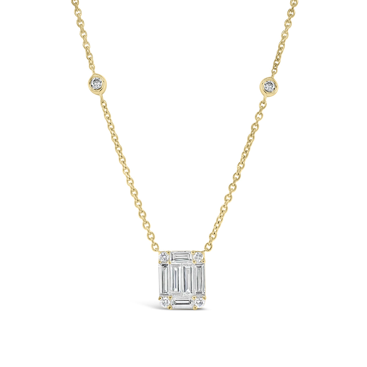 Diamond Large Rectangle Pendant with Bezel-Set Diamond Stations  - 18K gold weighing 5.55 grams  - 12 round diamonds totaling 0.34 carats  - 6 straight baguettes totaling 0.93 carats