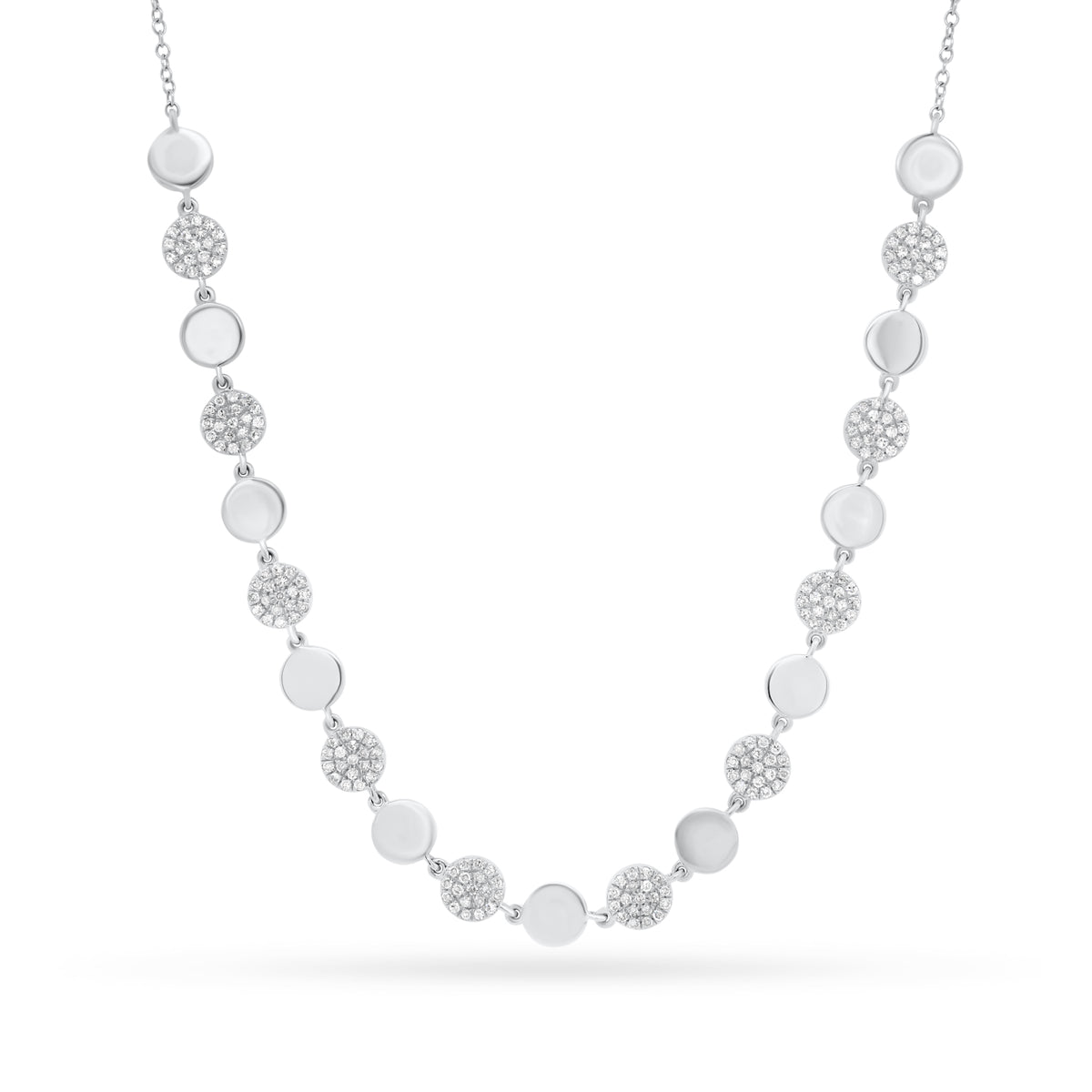 Diamond & Gold Disc Necklace  - 14K gold weighing 4.25 grams  - 190 round diamonds totaling 0.42 carats