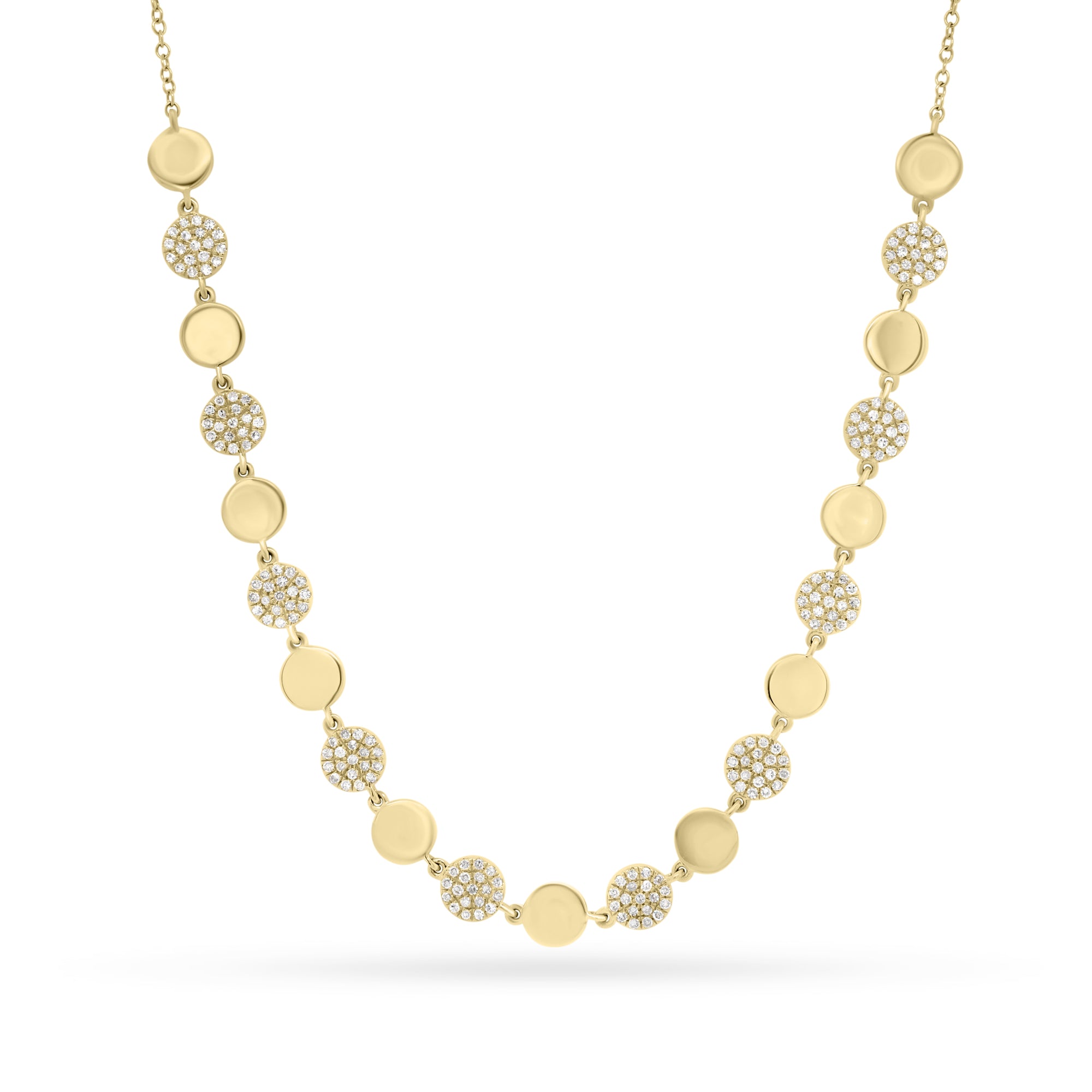 Diamond & Gold Disc Necklace  - 14K gold weighing 4.25 grams  - 190 round diamonds totaling 0.42 carats