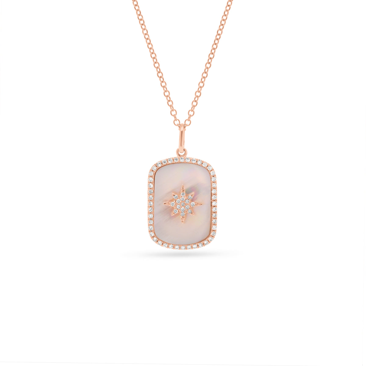 Diamond Starburst & Mother of Pearl Dog Tag Necklace  - 14K gold weighing 2.05 grams  - 59 round diamonds totaling 0.15 carats  - Mother of pearl