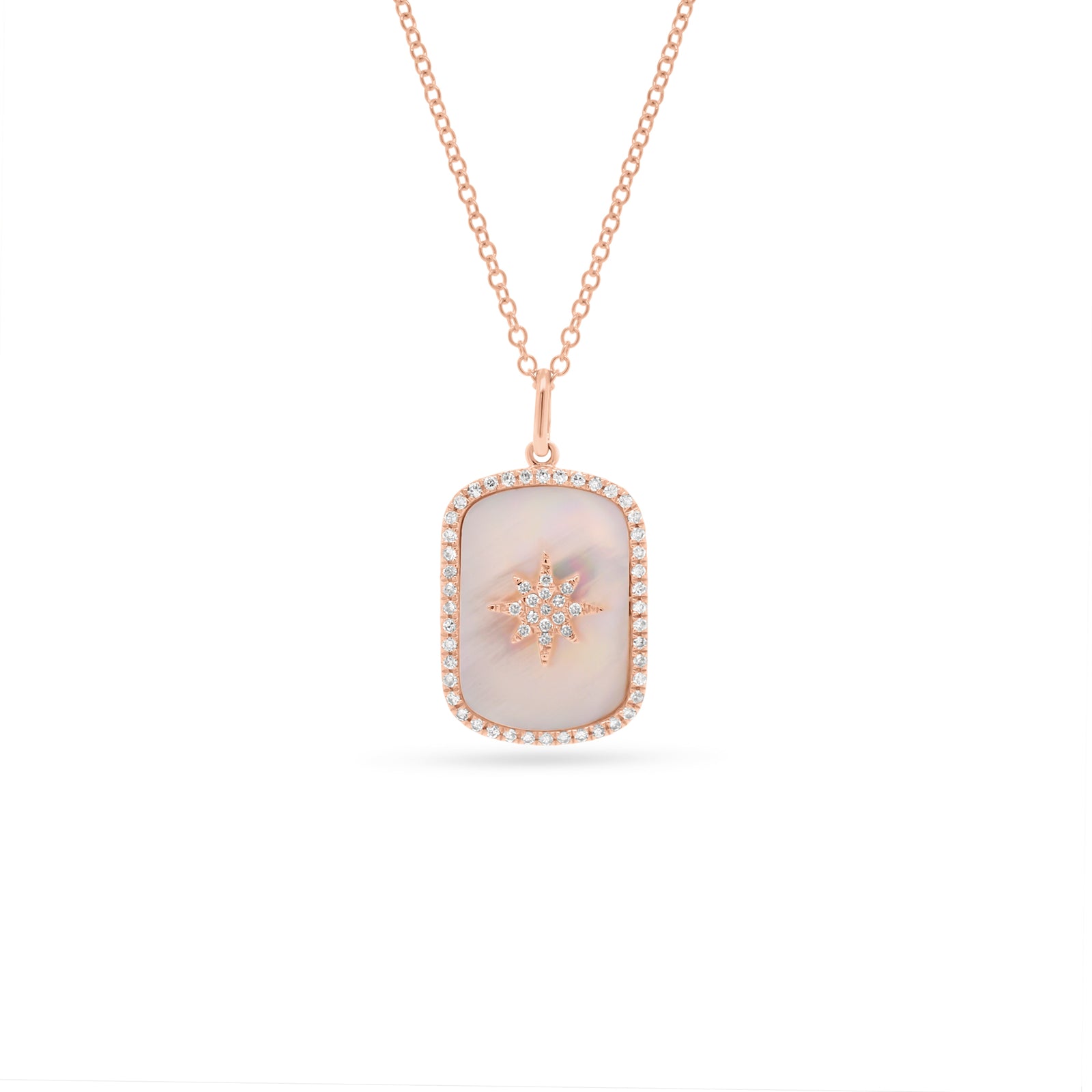 Diamond Starburst & Mother of Pearl Dog Tag Necklace  - 14K gold weighing 2.05 grams  - 59 round diamonds totaling 0.15 carats  - Mother of pearl