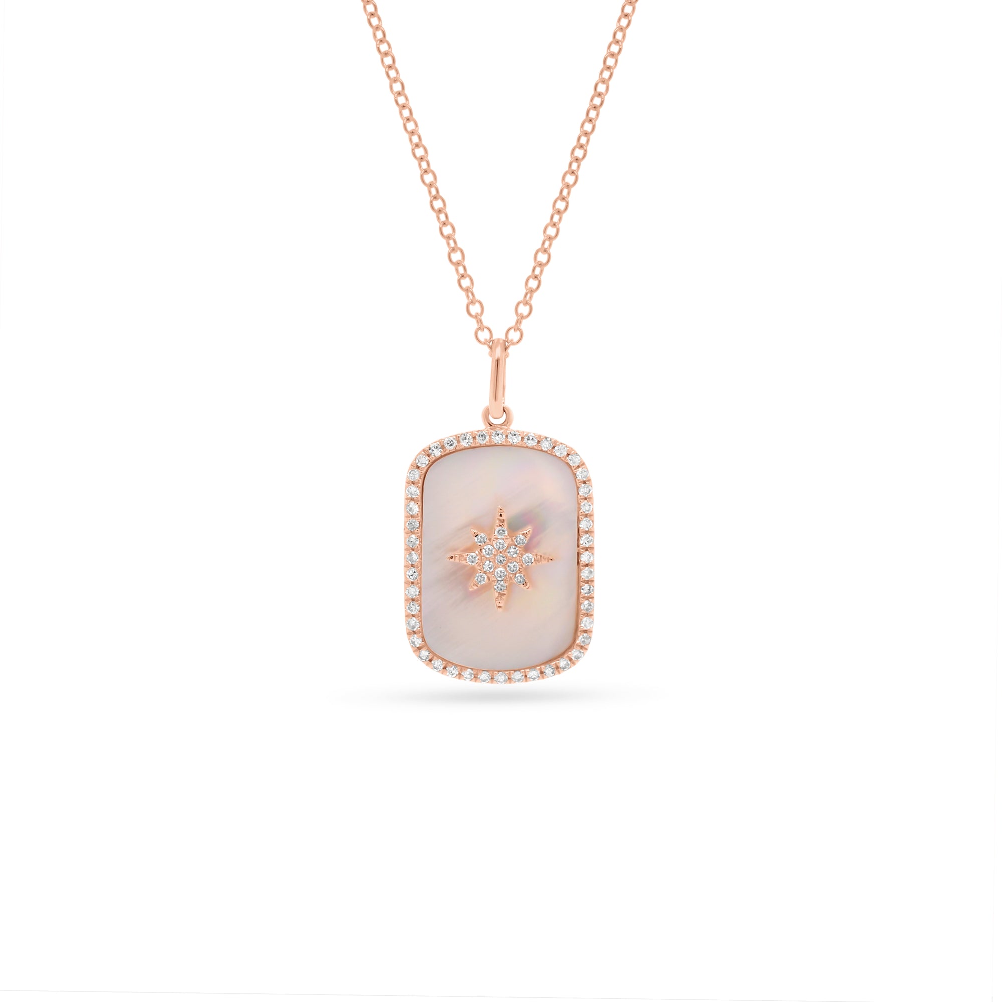 Diamond Starburst & Mother of Pearl Dog Tag Necklace  - 14K gold weighing 2.05 grams  - 59 round diamonds totaling 0.15 carats  - Mother of pearl