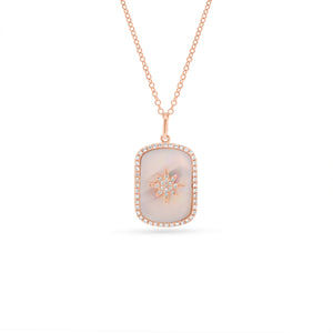 Diamond Starburst & Mother of Pearl Dog Tag Necklace  - 14K gold weighing 2.05 grams  - 59 round diamonds totaling 0.15 carats  - Mother of pearl
