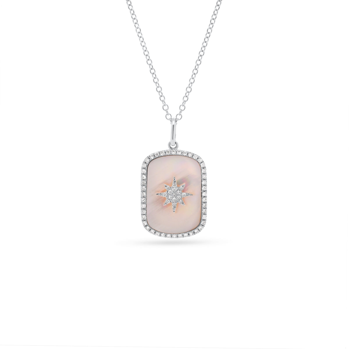 Diamond Starburst & Mother of Pearl Dog Tag Necklace  - 14K gold weighing 2.05 grams  - 59 round diamonds totaling 0.15 carats  - Mother of pearl