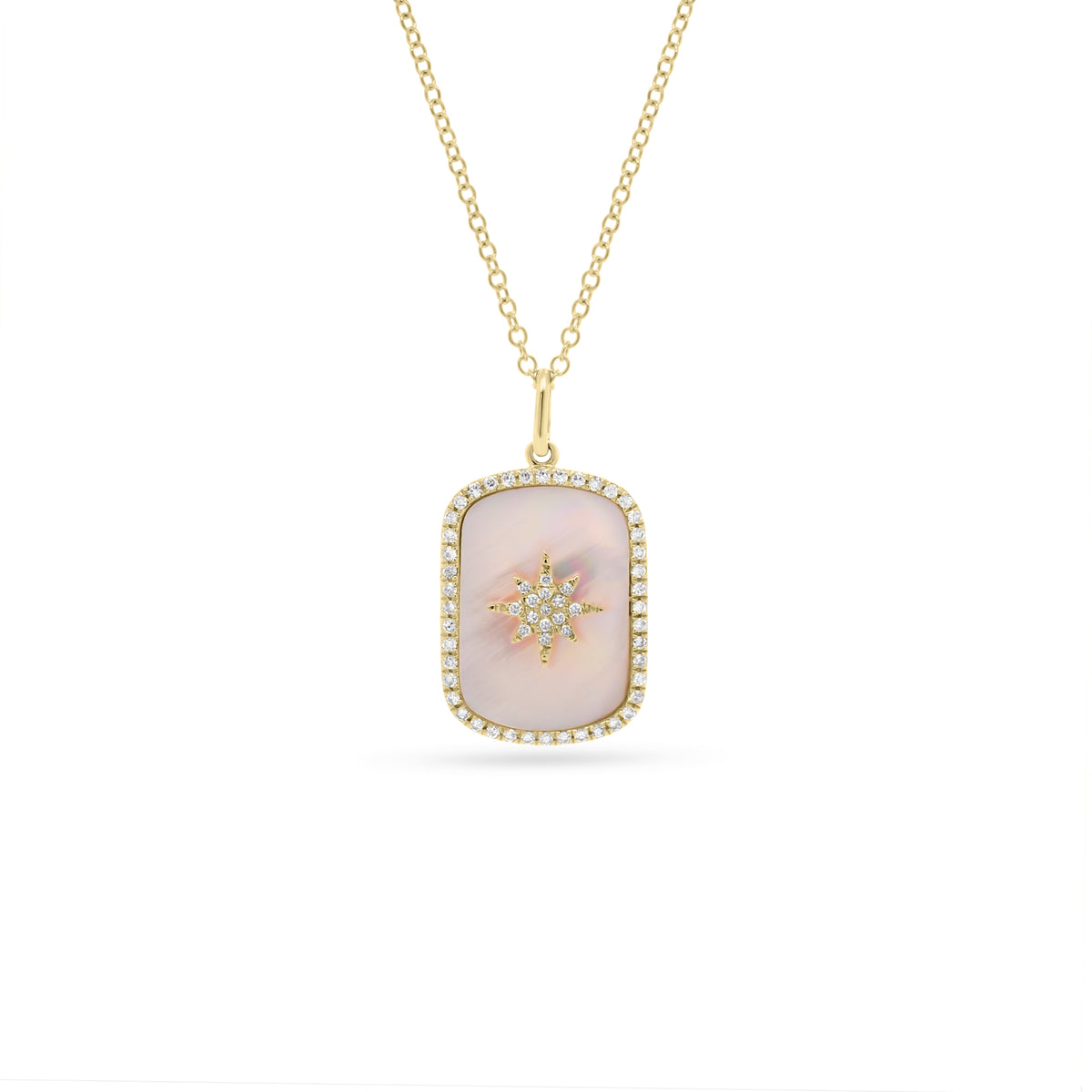 Diamond Starburst & Mother of Pearl Dog Tag Necklace  - 14K gold weighing 2.05 grams  - 59 round diamonds totaling 0.15 carats  - Mother of pearl