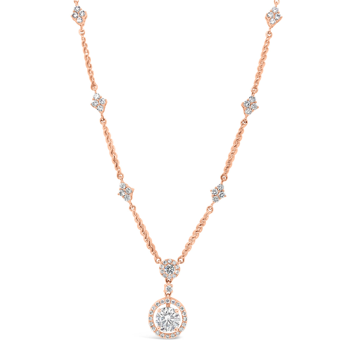 Diamond Halo Pendant Necklace with Diamond Stations   - 0.71 ct diamond (GIA-graded F color, I1 clarity) Center stone can be replaced with a customer center stone.  - 0.81 ct (total weight for all other diamonds)