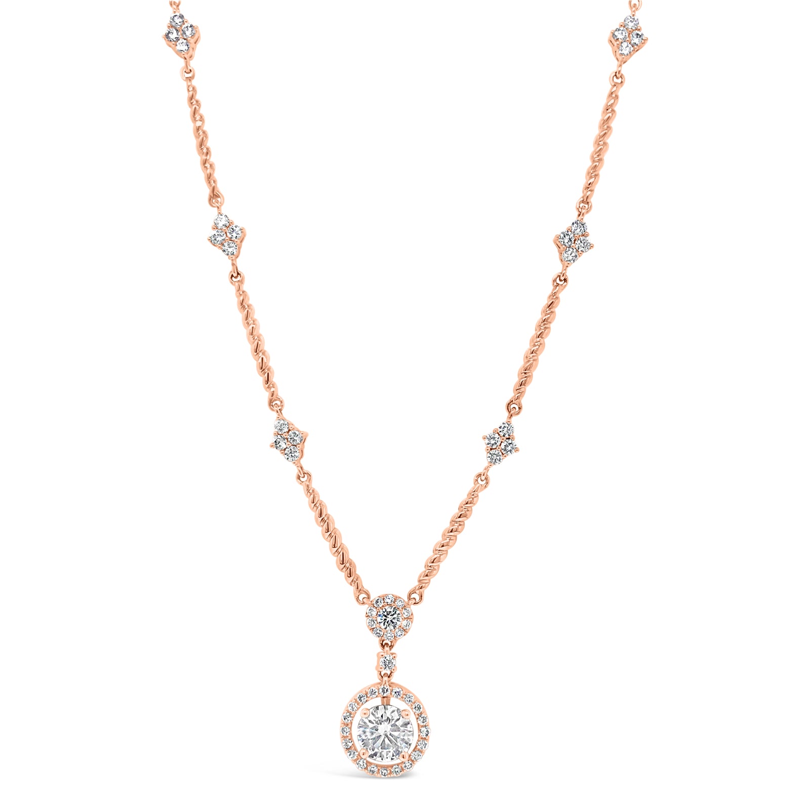 Diamond Halo Pendant Necklace with Diamond Stations   - 0.71 ct diamond (GIA-graded F color, I1 clarity) Center stone can be replaced with a customer center stone.  - 0.81 ct (total weight for all other diamonds)