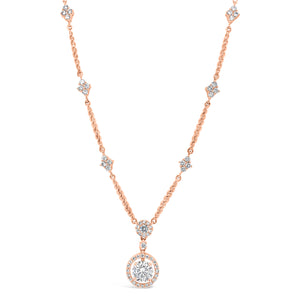 Diamond Halo Pendant Necklace with Diamond Stations   - 0.71 ct diamond (GIA-graded F color, I1 clarity) Center stone can be replaced with a customer center stone.  - 0.81 ct (total weight for all other diamonds)