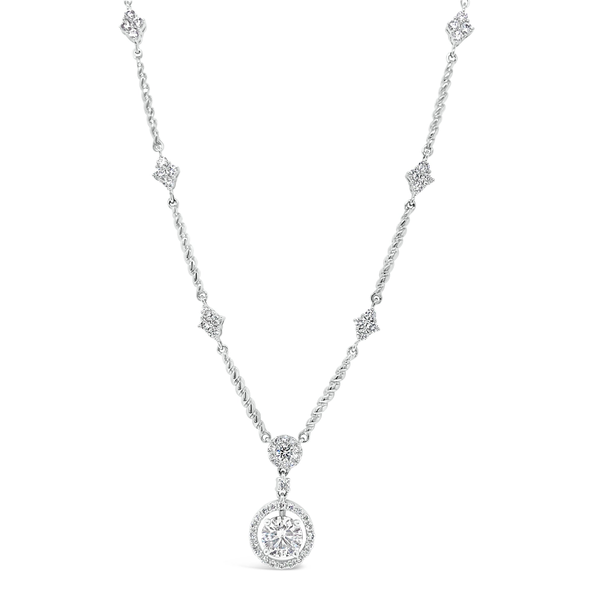 Diamond Halo Pendant Necklace with Diamond Stations   - 0.71 ct diamond (GIA-graded F color, I1 clarity) Center stone can be replaced with a customer center stone.  - 0.81 ct (total weight for all other diamonds)