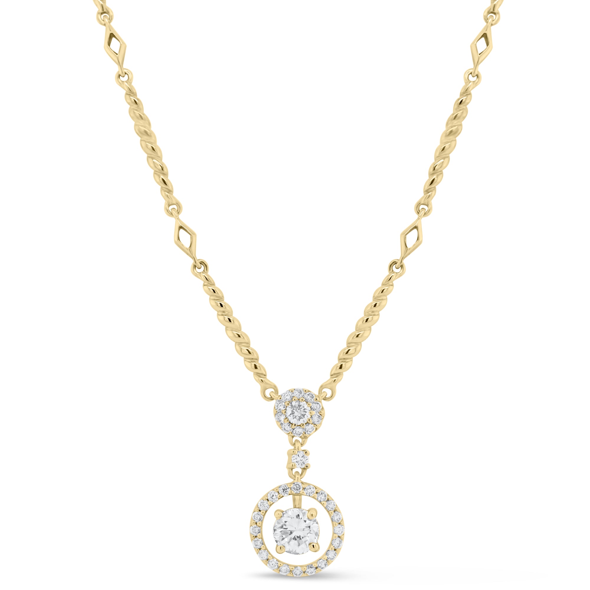Diamond Halo Necklace with Twist Links - 18K white gold weighing 7.42 grams - 32 round diamonds totaling 0.32 carats - 0.45 ct diamond (GIA-graded G-color, SI1 clarity)