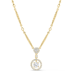 Diamond Halo Necklace with Twist Links - 18K yellow gold weighing 7.42 grams - 32 round diamonds totaling 0.32 carats - 0.45 ct diamond (GIA-graded G-color, SI1 clarity)