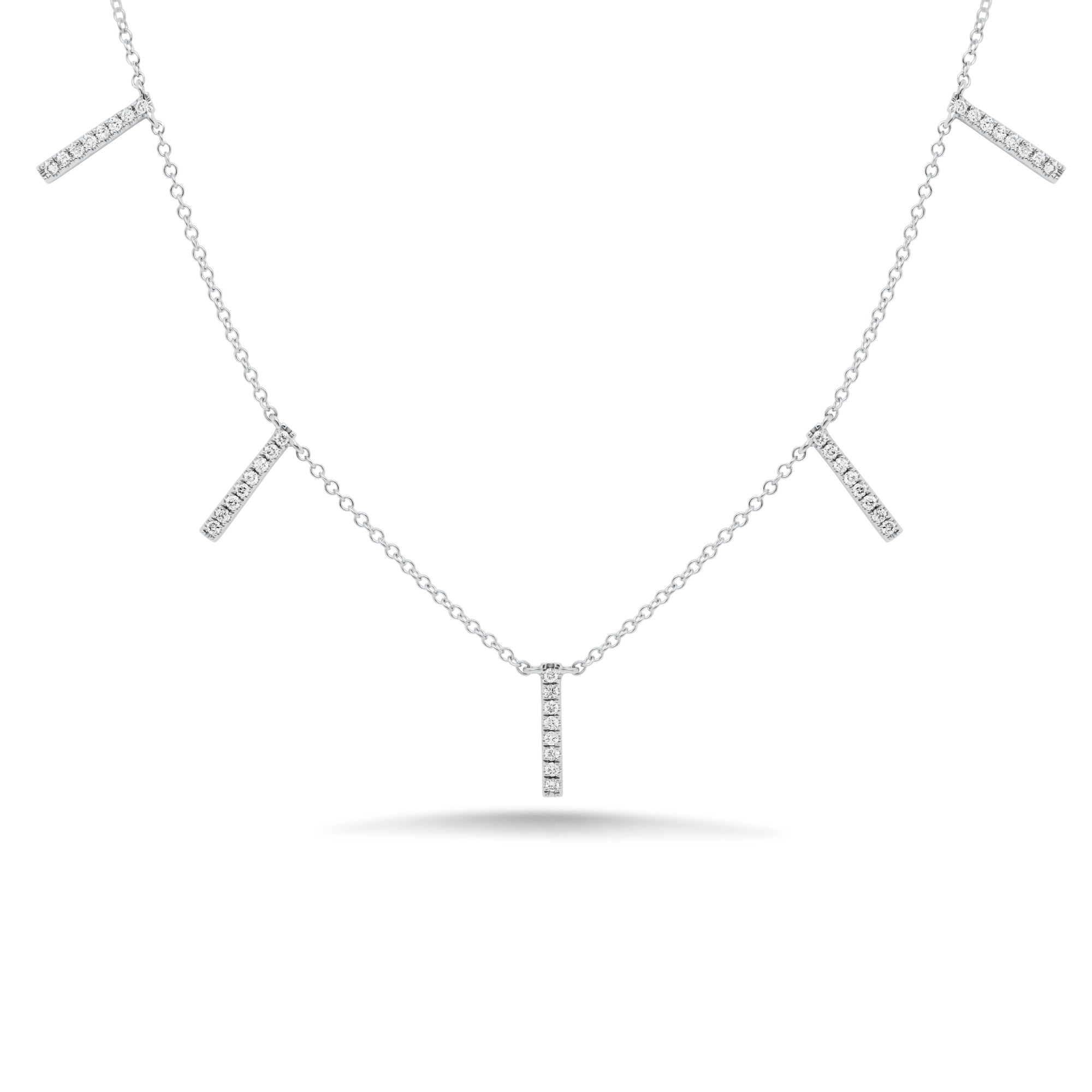 Pave Diamond Bar Dangle Necklace  - 14K gold weighing 2.20 grams  - 40 round diamonds totaling 0.22 carats