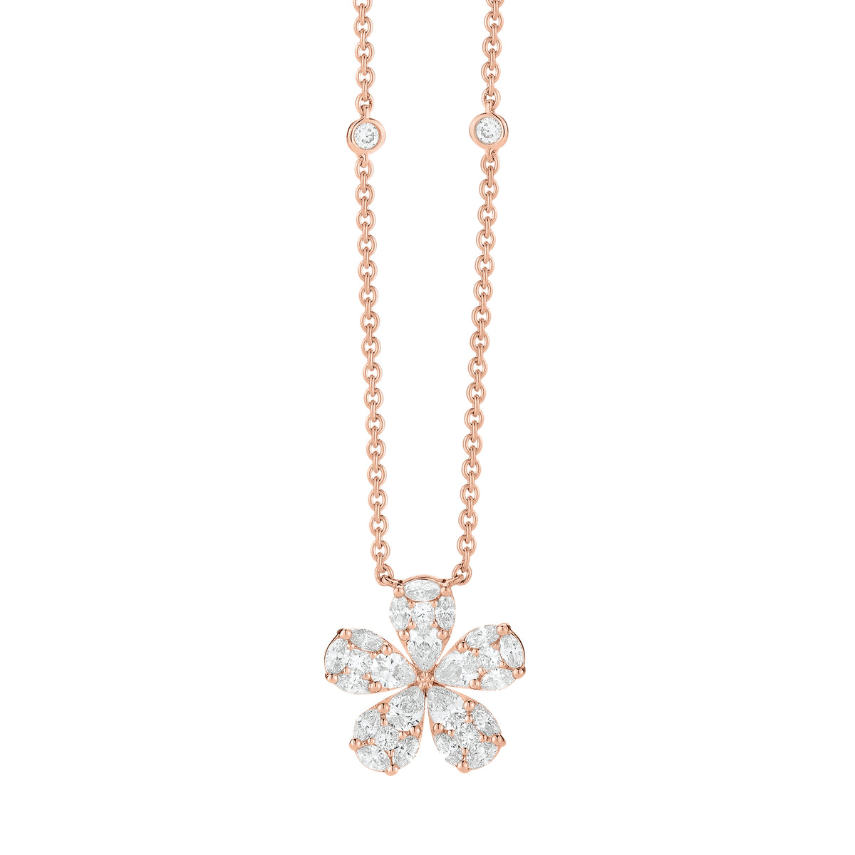 Diamond Daisy Pendant Necklace  Available in yellow, white, & rose gold.  Please allow 4-6 weeks for delivery if item is not in stock.