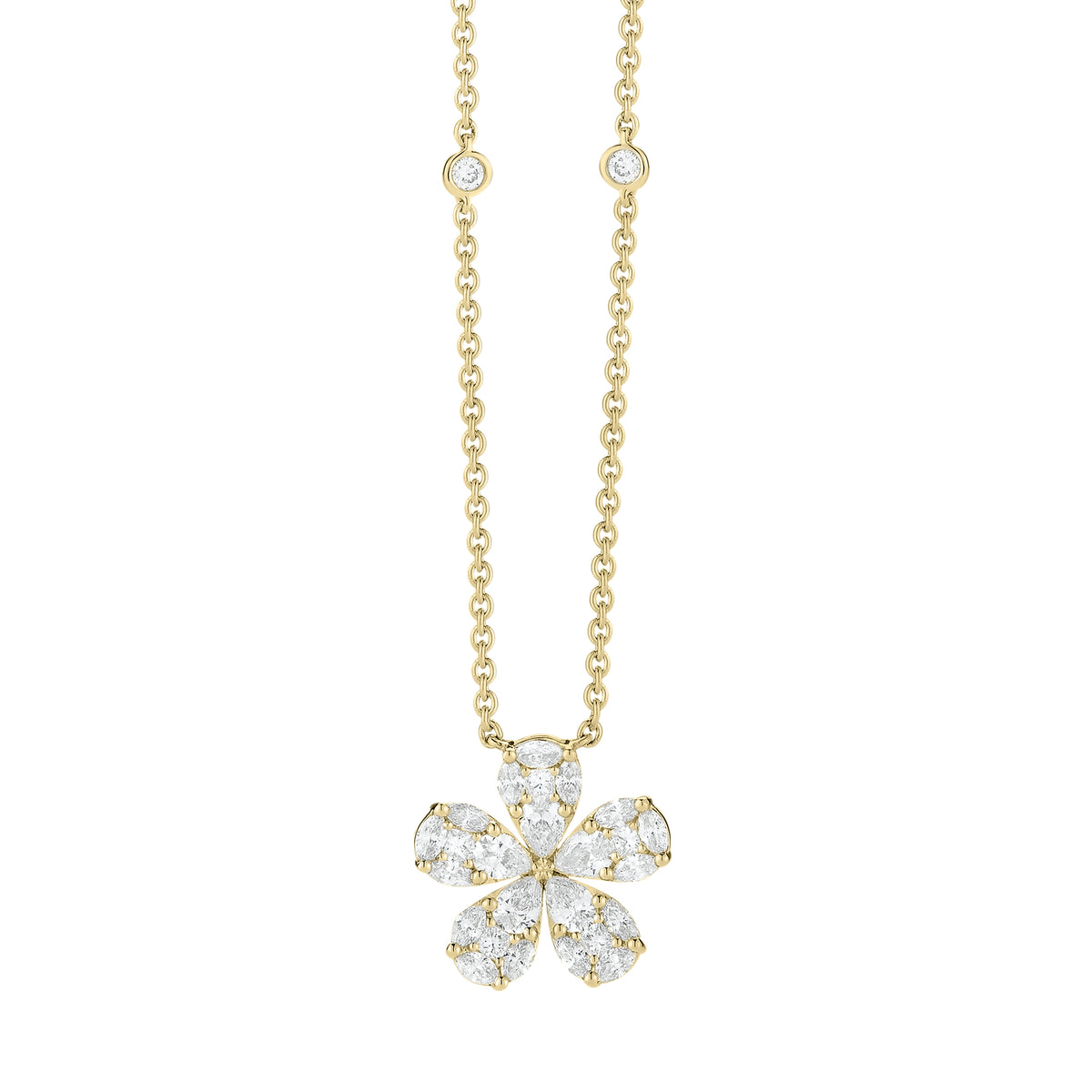 Diamond Daisy Pendant Necklace  Available in yellow, white, & rose gold.  Please allow 4-6 weeks for delivery if item is not in stock.