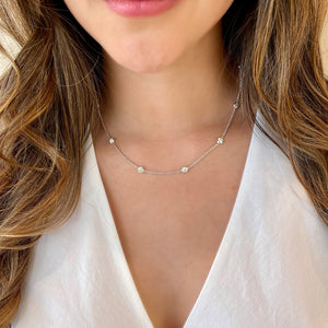 Female Model Wearing Diamonds by the Yard Necklace  - 14K gold weighing 8.30 grams  - 12 round diamonds totaling 2.95 carats