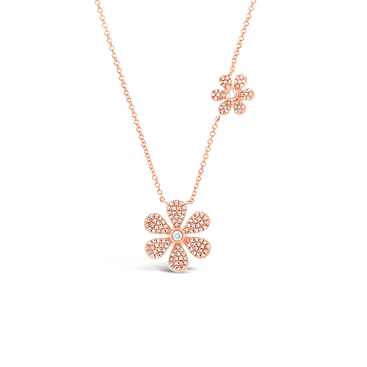 Pave Diamond Double Daisy Necklace  -14K gold weighing 3.48 grams  -146 round diamonds totaling 0.39 carats  -2 round diamonds totaling .05 carats