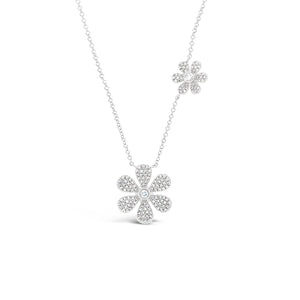 Pave Diamond Double Daisy Necklace  -14K gold weighing 3.48 grams  -146 round diamonds totaling 0.39 carats  -2 round diamonds totaling .05 carats