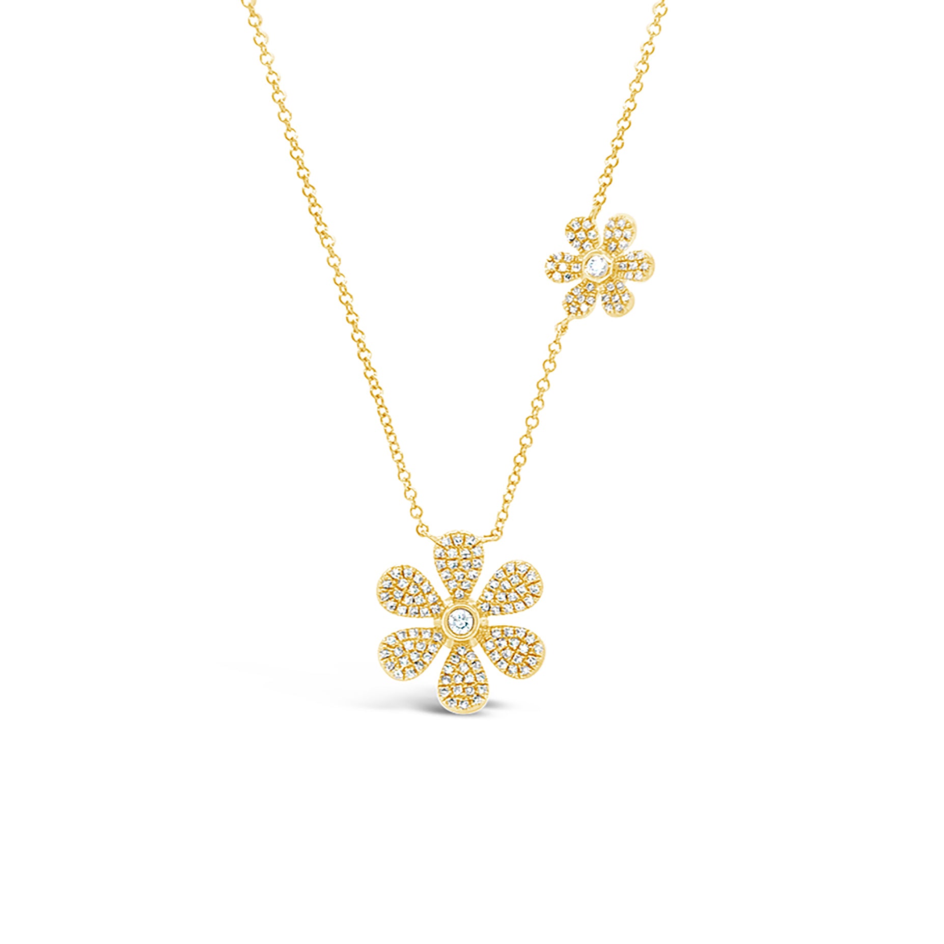 Pave Diamond Double Daisy Necklace  -14K gold weighing 3.48 grams  -146 round diamonds totaling 0.39 carats  -2 round diamonds totaling .05 carats