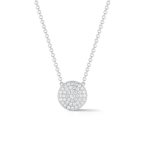 Pave Diamond Small Disc Pendant Necklace  -18K gold weighing 2.83 grams  -43 round diamonds totaling 0.50 carats.  Size width 12 millimeters.