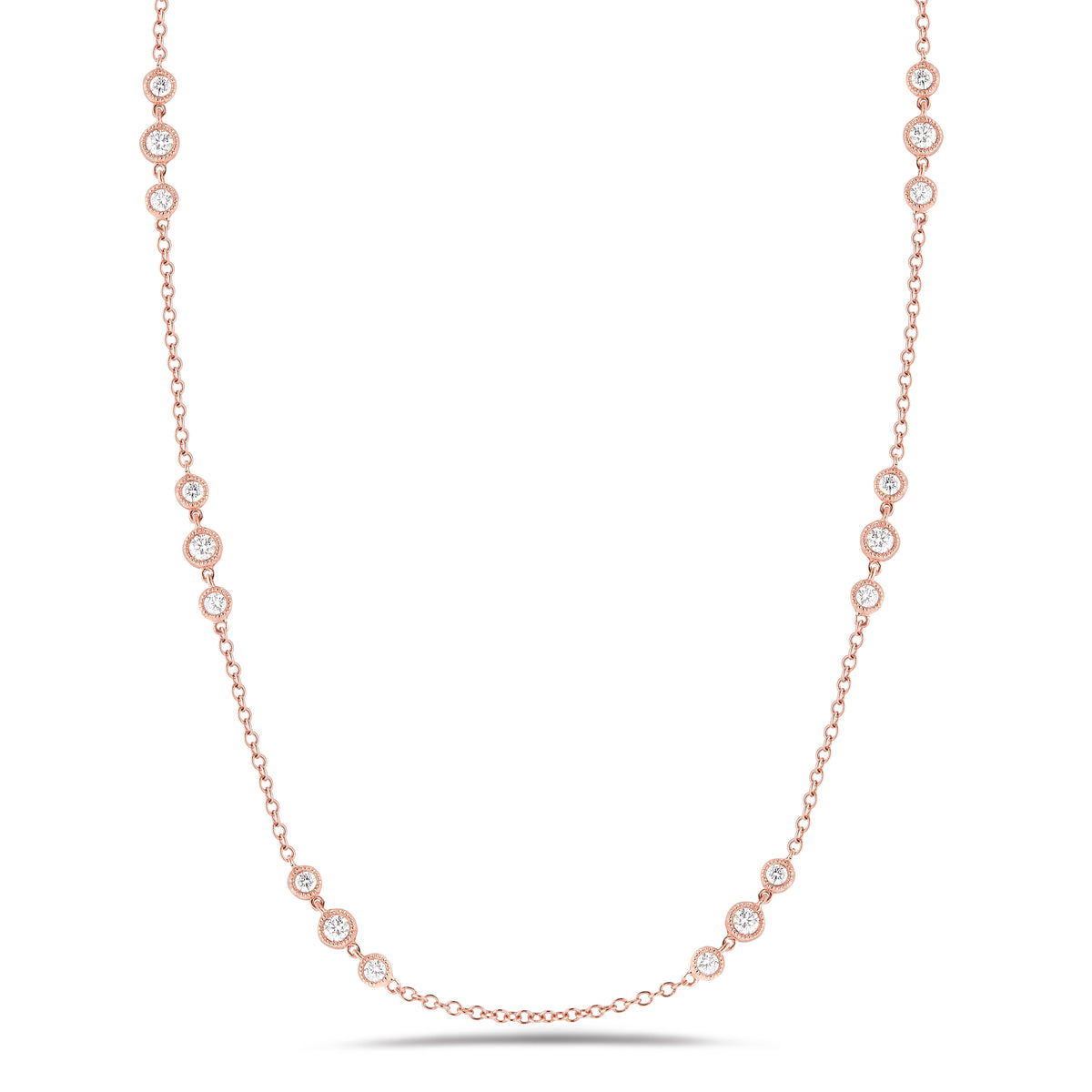3 Station Diamond by the Yard Necklace with Antique Milgrain  18k rose gold, 5.14 grams, 24 round diamonds 1.19 carats.