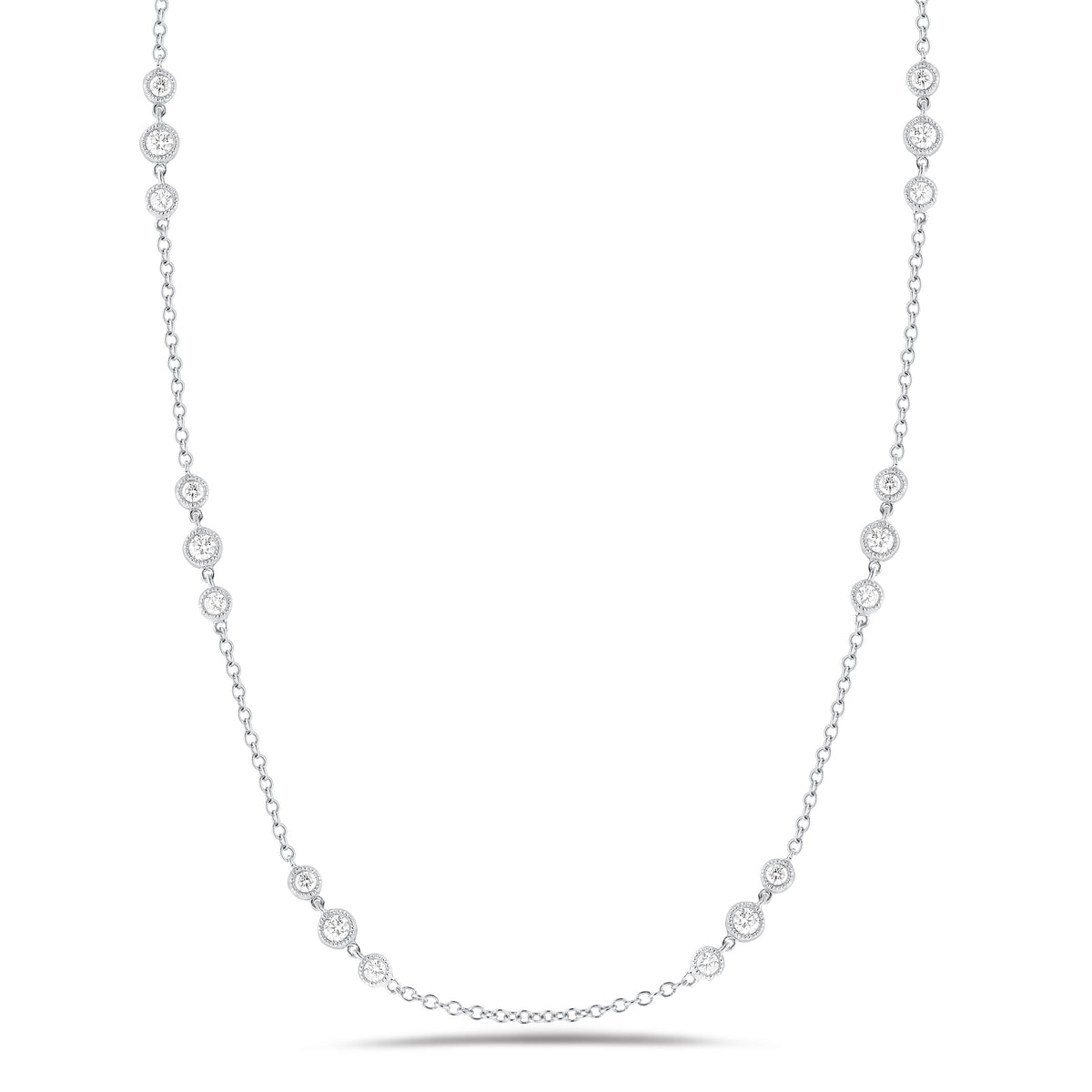 3 Station Diamond by the Yard Necklace with Antique Milgrain  18k white gold, 5.14 grams, 24 round diamonds 1.19 carats.