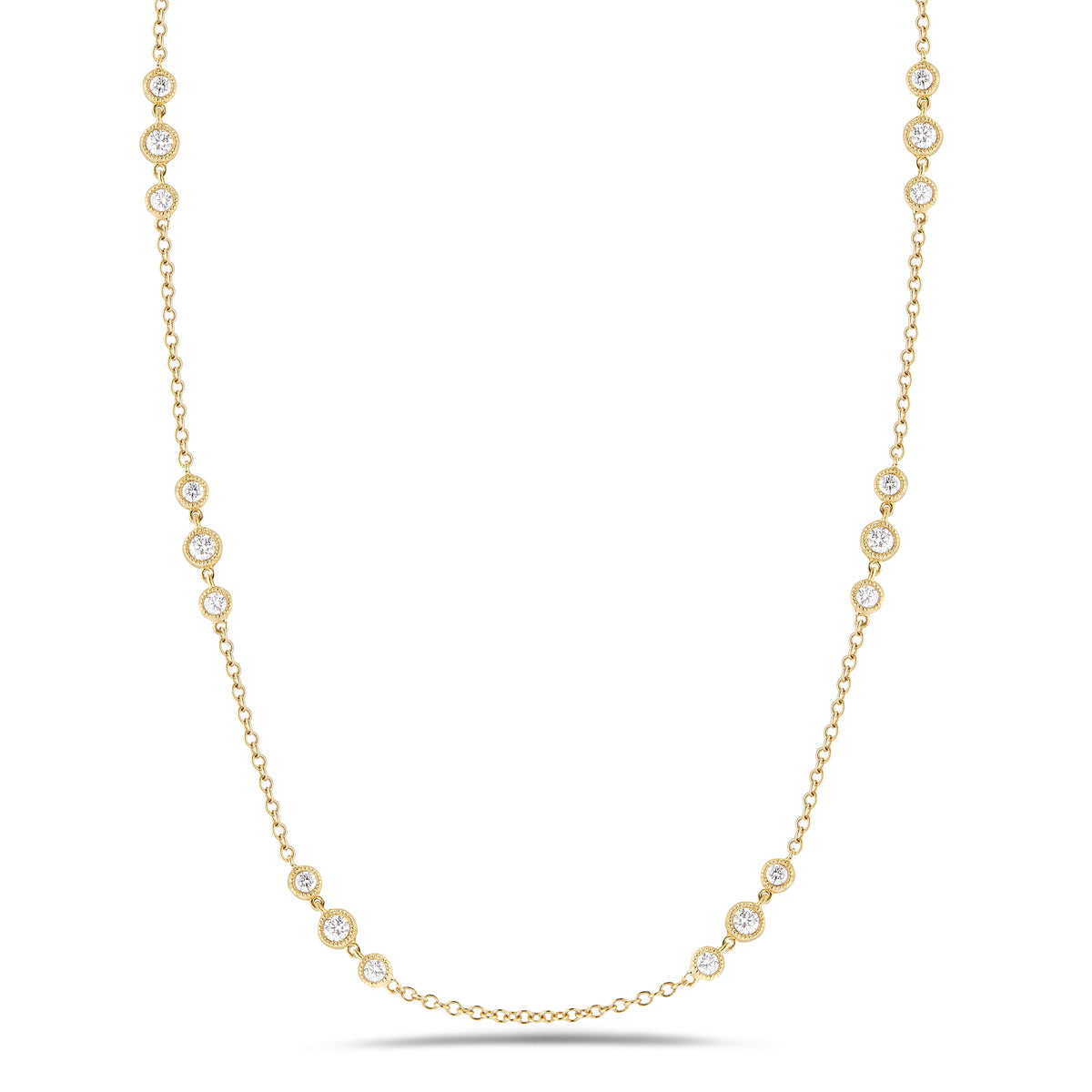 3 Station Diamond by the Yard Necklace with Antique Milgrain  18k yellow gold, 5.14 grams, 24 round diamonds 1.19 carats.