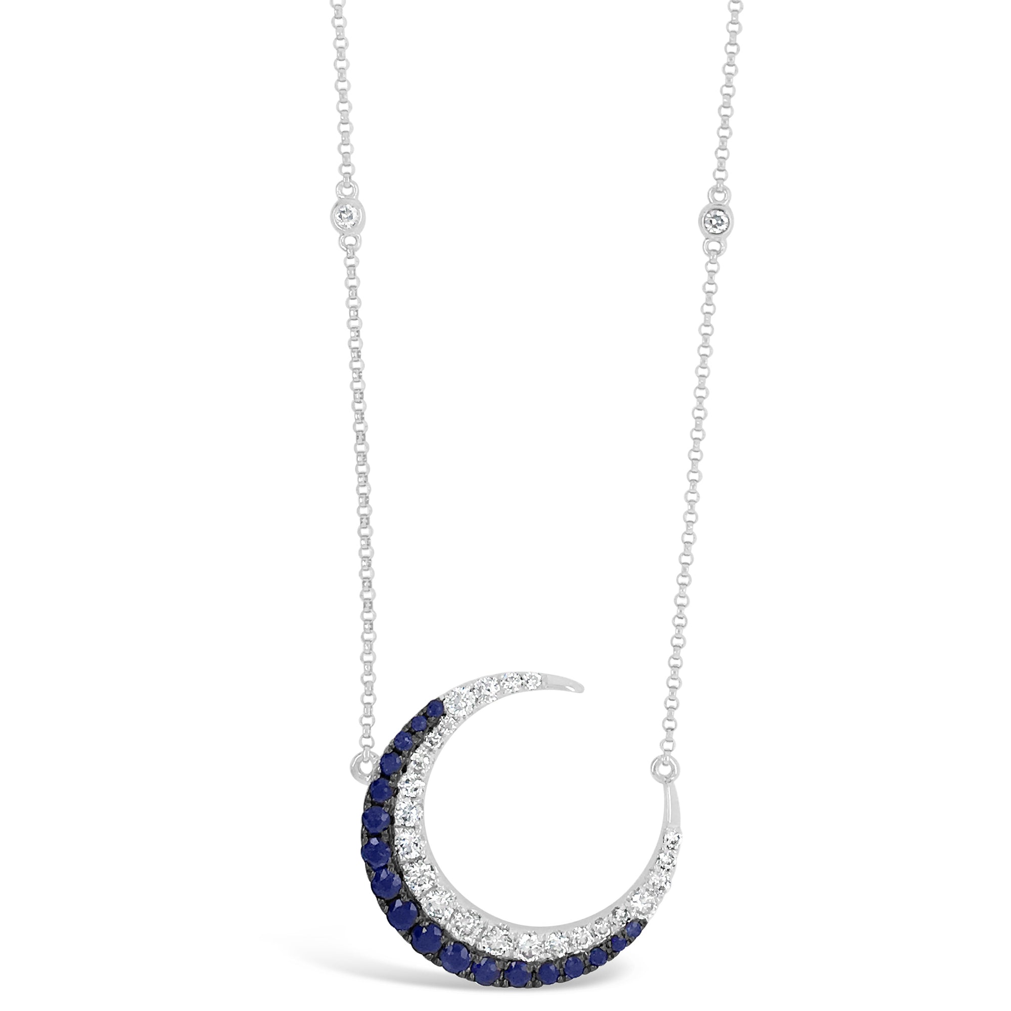 Sapphire & Diamond Crescent Moon Pendant Necklace  -14K gold weighing 5.60 grams  -27 round diamonds totaling 0.85 carats  -18 sapphires totaling 0.80 carats