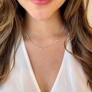 Female Model Wearing 3 Station Diamond by the Yard Necklace with Antique Milgrain Lg size  14k gold, 6.12 grams, 24 round diamonds 1.79 carats.