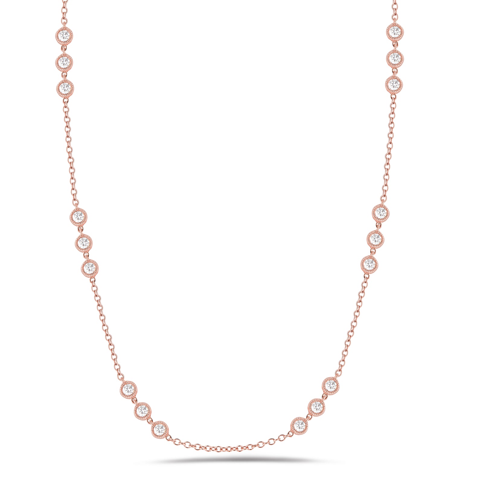 3 Station Diamond by the Yard Necklace with Antique Milgrain Lg size  14k gold, 6.12 grams, 24 round diamonds 1.79 carats.