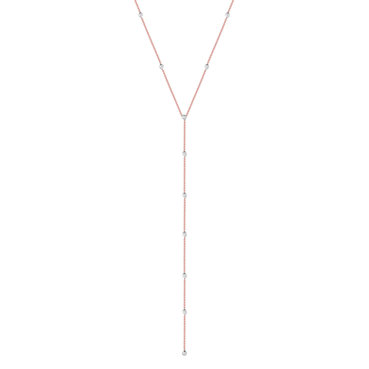 Lariat Diamond Station Necklace  14k gold, 4.75 grams, 11 round bezel-set diamonds weighing .56 carats.