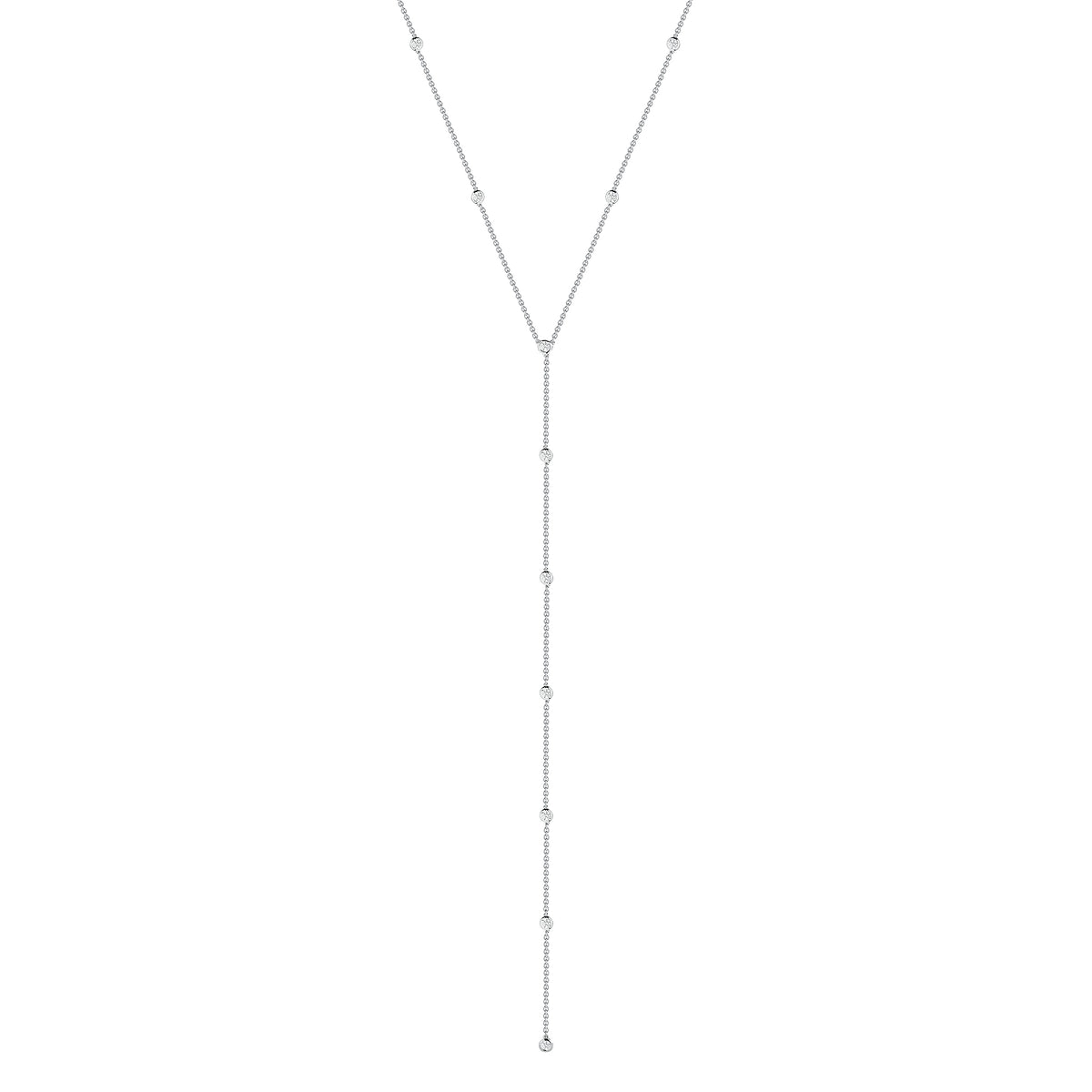 Lariat Diamond Station Necklace  14k gold, 4.75 grams, 11 round bezel-set diamonds weighing .56 carats.
