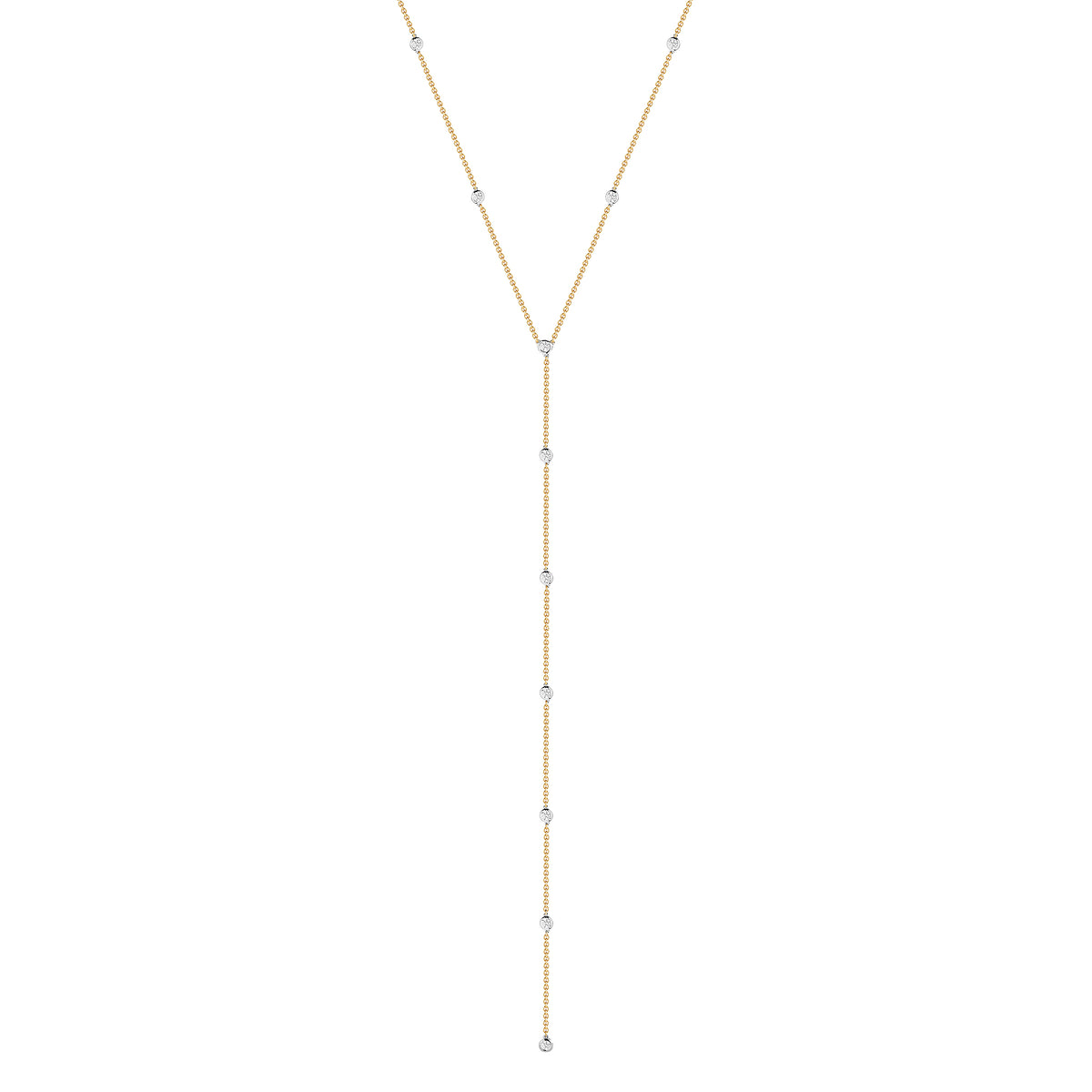 Lariat Diamond Station Necklace  14k gold, 4.75 grams, 11 round bezel-set diamonds weighing .56 carats.