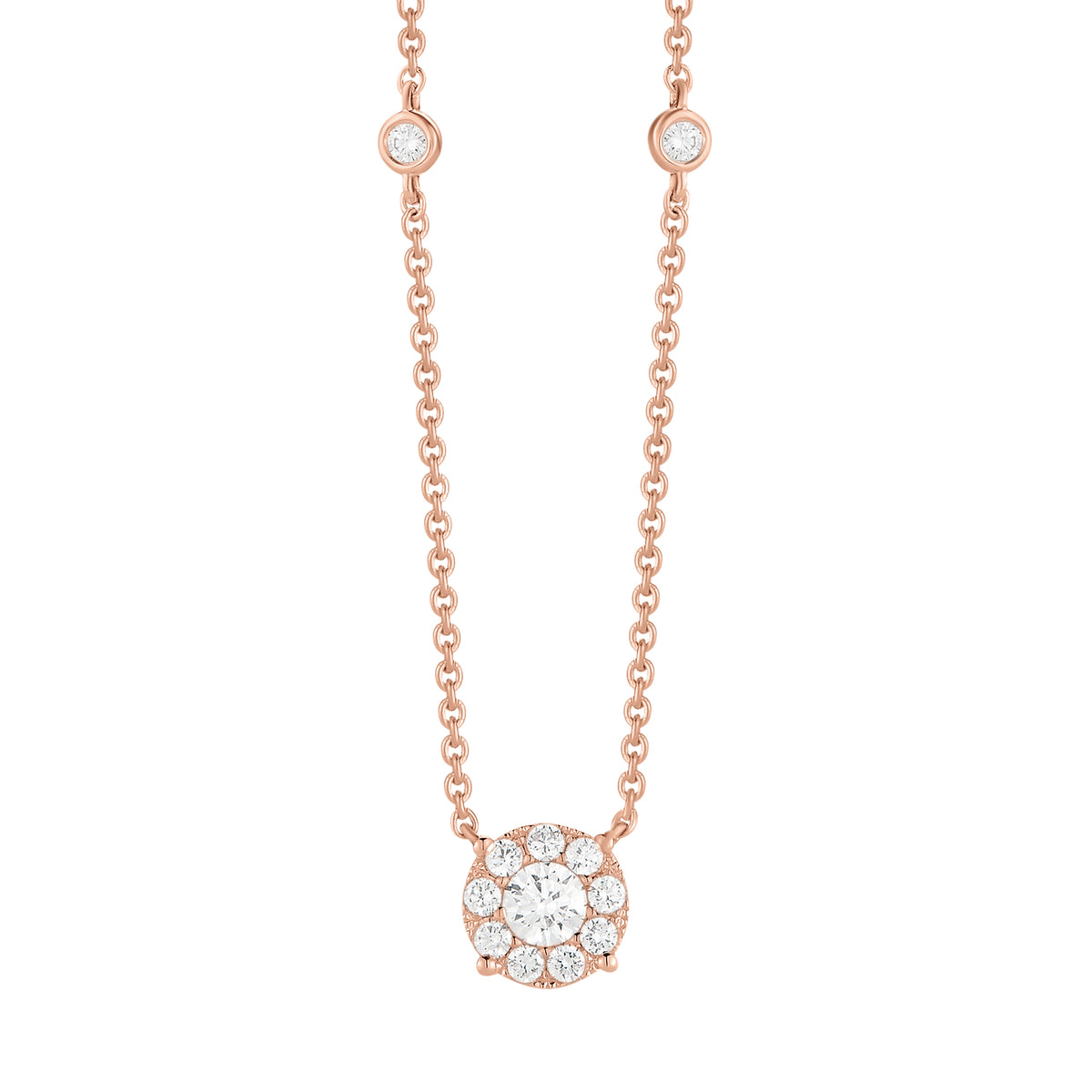 Diamond Small Halo Station Necklace  -14K gold weighing 3.41 grams  -13 round shared prong-set diamonds totaling 0.34 carats  -1 round diamond 0.22 carats.