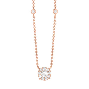 Diamond Small Halo Station Necklace  -14K gold weighing 3.41 grams  -13 round shared prong-set diamonds totaling 0.34 carats  -1 round diamond 0.22 carats.