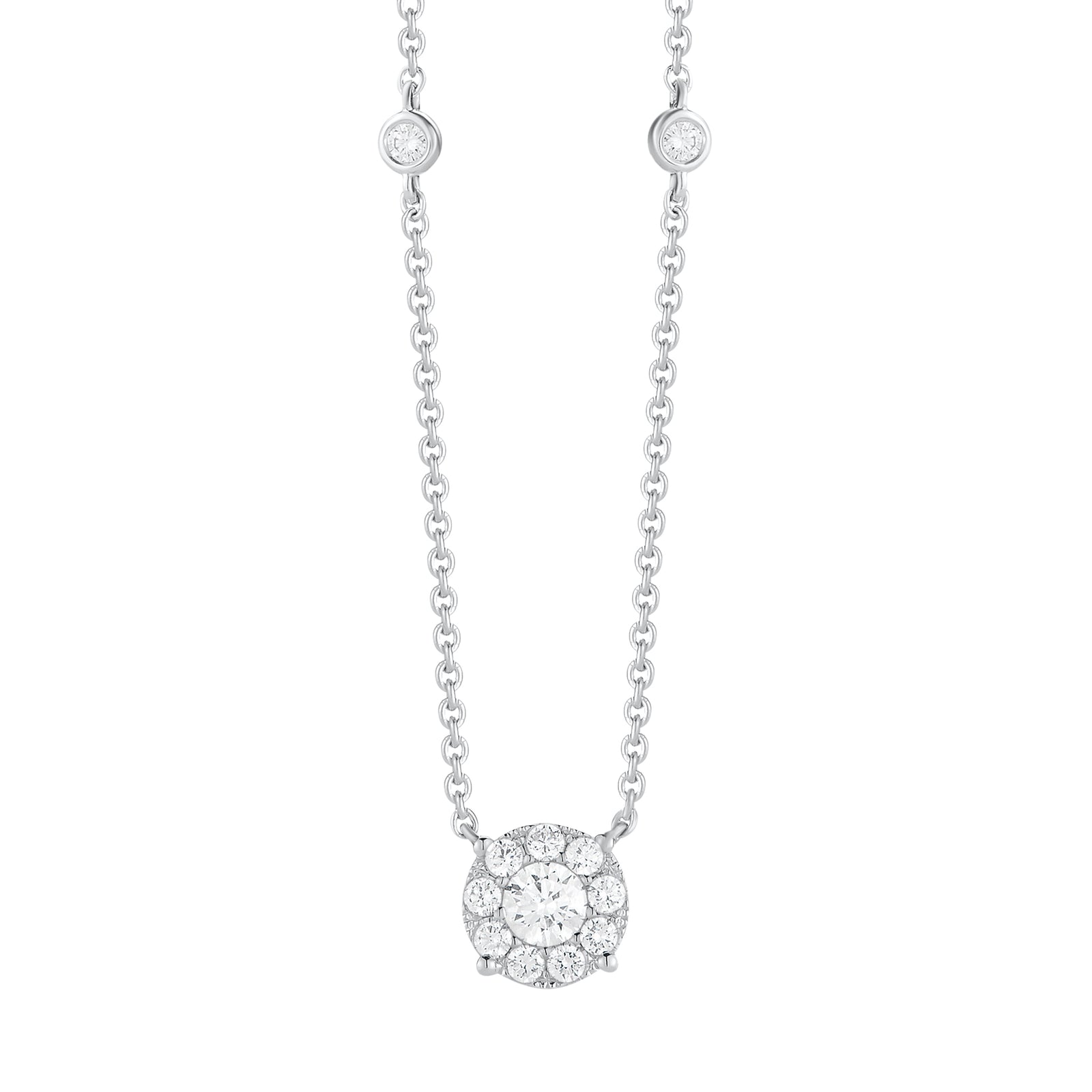 Diamond Small Halo Station Necklace  -14K gold weighing 3.41 grams  -13 round shared prong-set diamonds totaling 0.34 carats  -1 round diamond 0.22 carats.