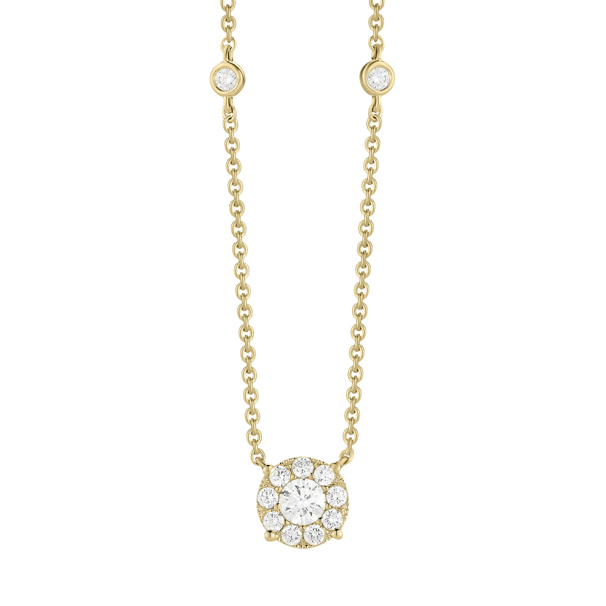 Diamond Small Halo Station Necklace  -14K gold weighing 3.41 grams  -13 round shared prong-set diamonds totaling 0.34 carats  -1 round diamond 0.22 carats.