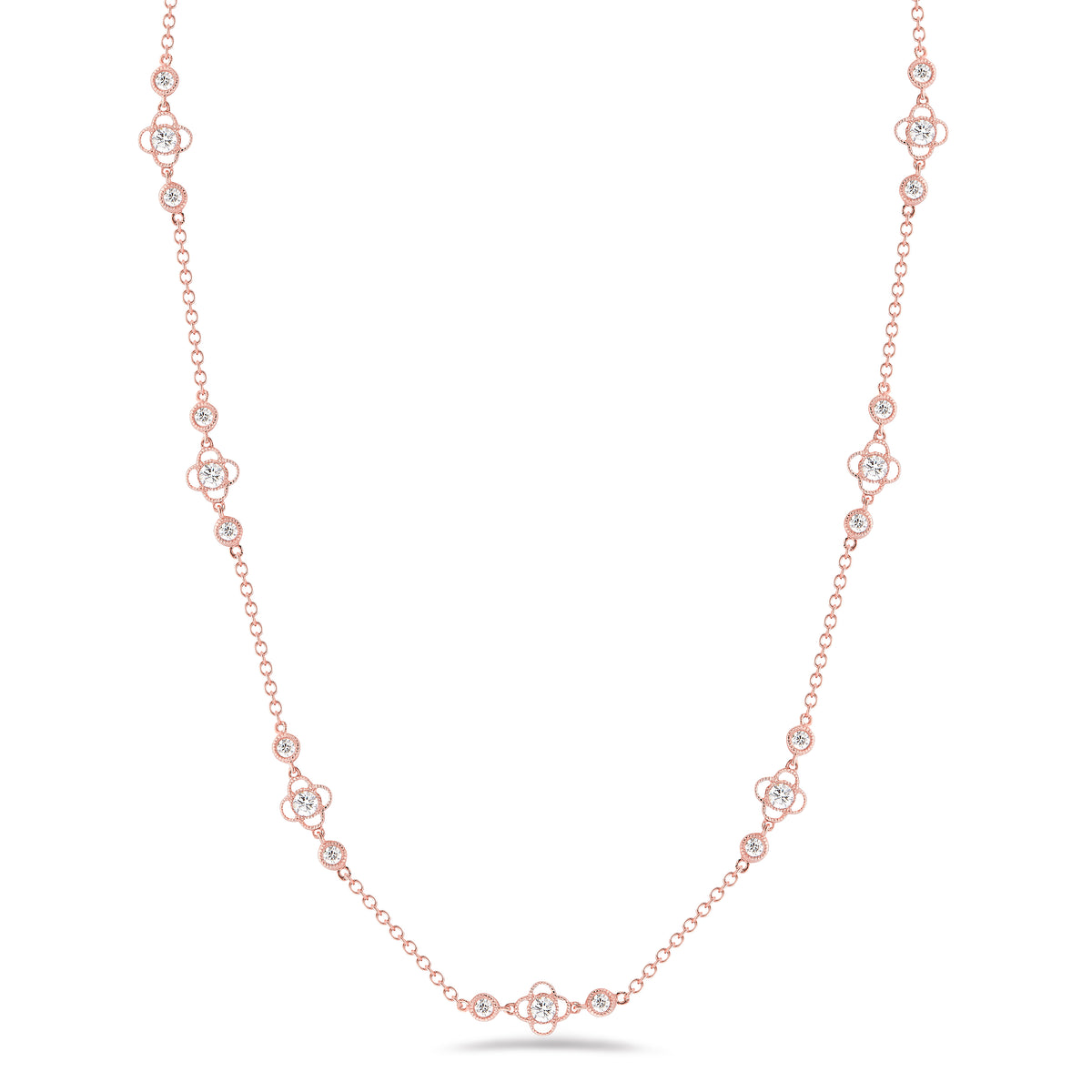 Diamond Bezel Chain Necklace  18k gold, 6.90 grams, 29 round diamonds 1.41 carats.  Available in yellow, white, & rose gold.