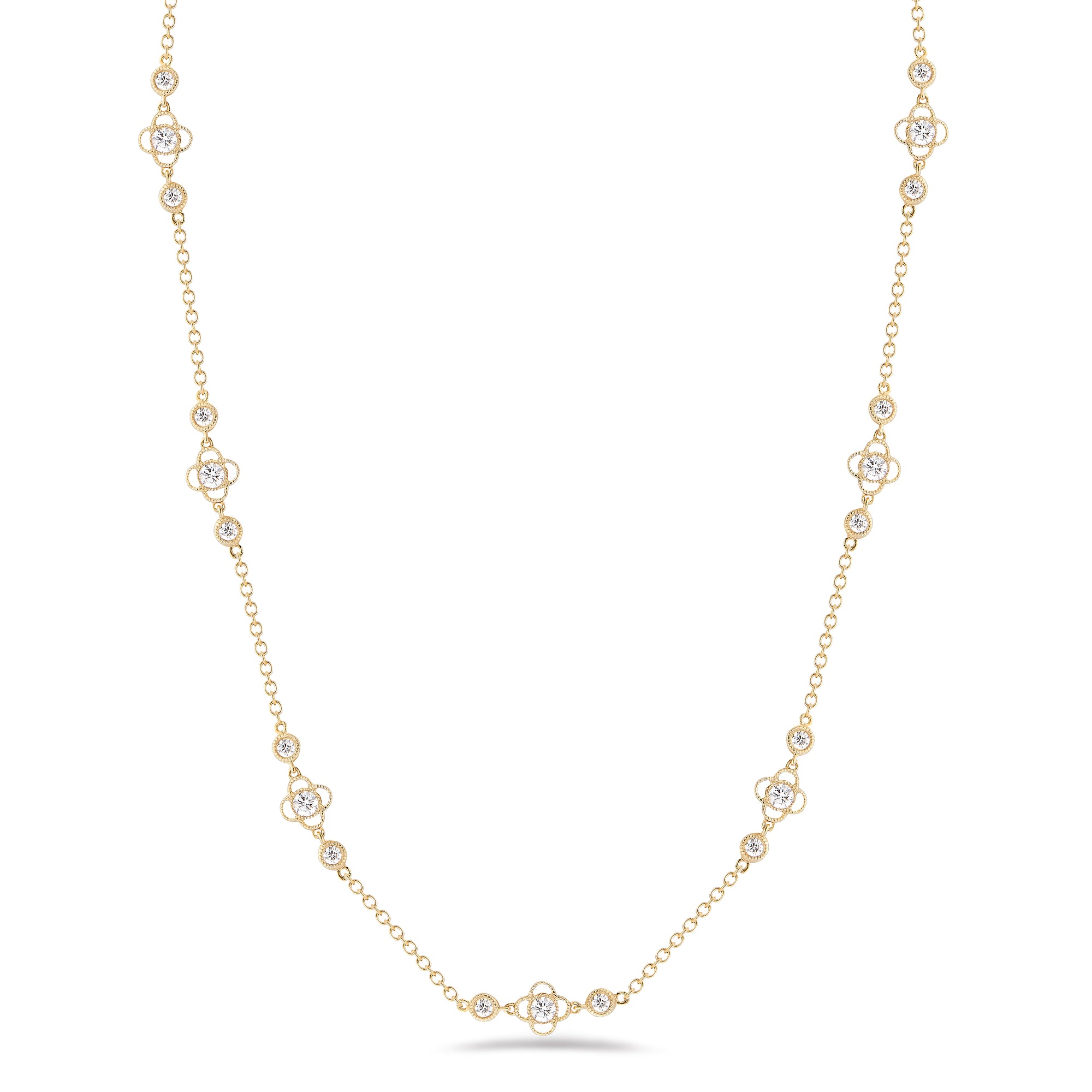 Diamond Bezel Chain Necklace  18k gold, 6.90 grams, 29 round diamonds 1.41 carats.  Available in yellow, white, & rose gold.