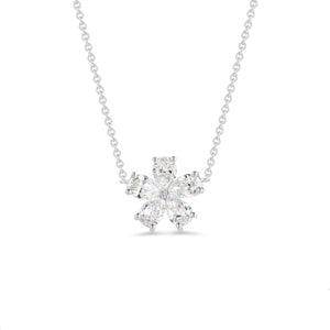 Prong-set Diamond Flower Necklace  18k gold, 3.51 grams, 5 pear-shaped prong-set brilliant diamonds .63 carats, 16-18”  Size width 9 millimeters. Available in 16" or 18" lengths.