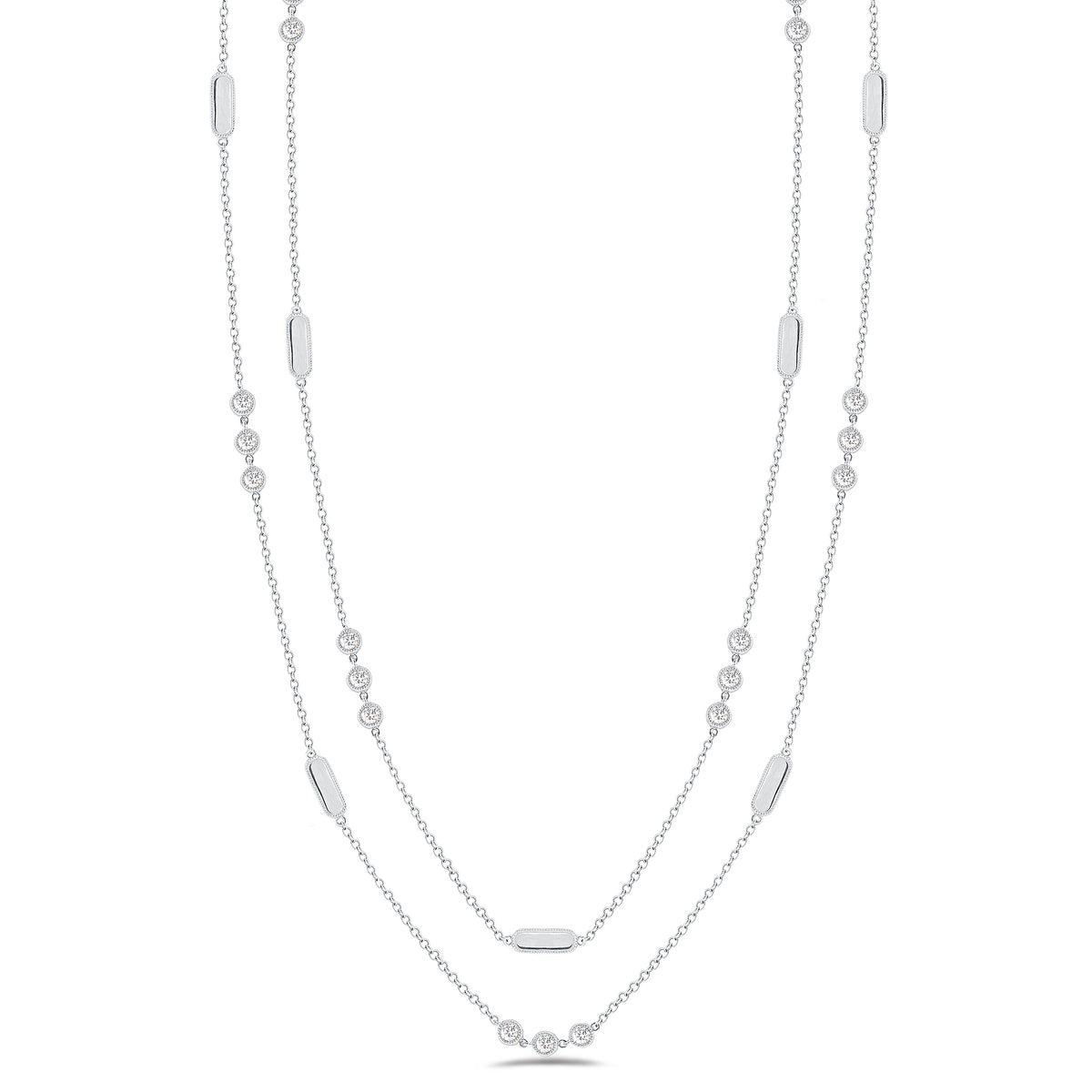 Layered Diamond Station Necklace -18k white gold 11.91 grams -24 round bezel-set diamonds 1.78 carats