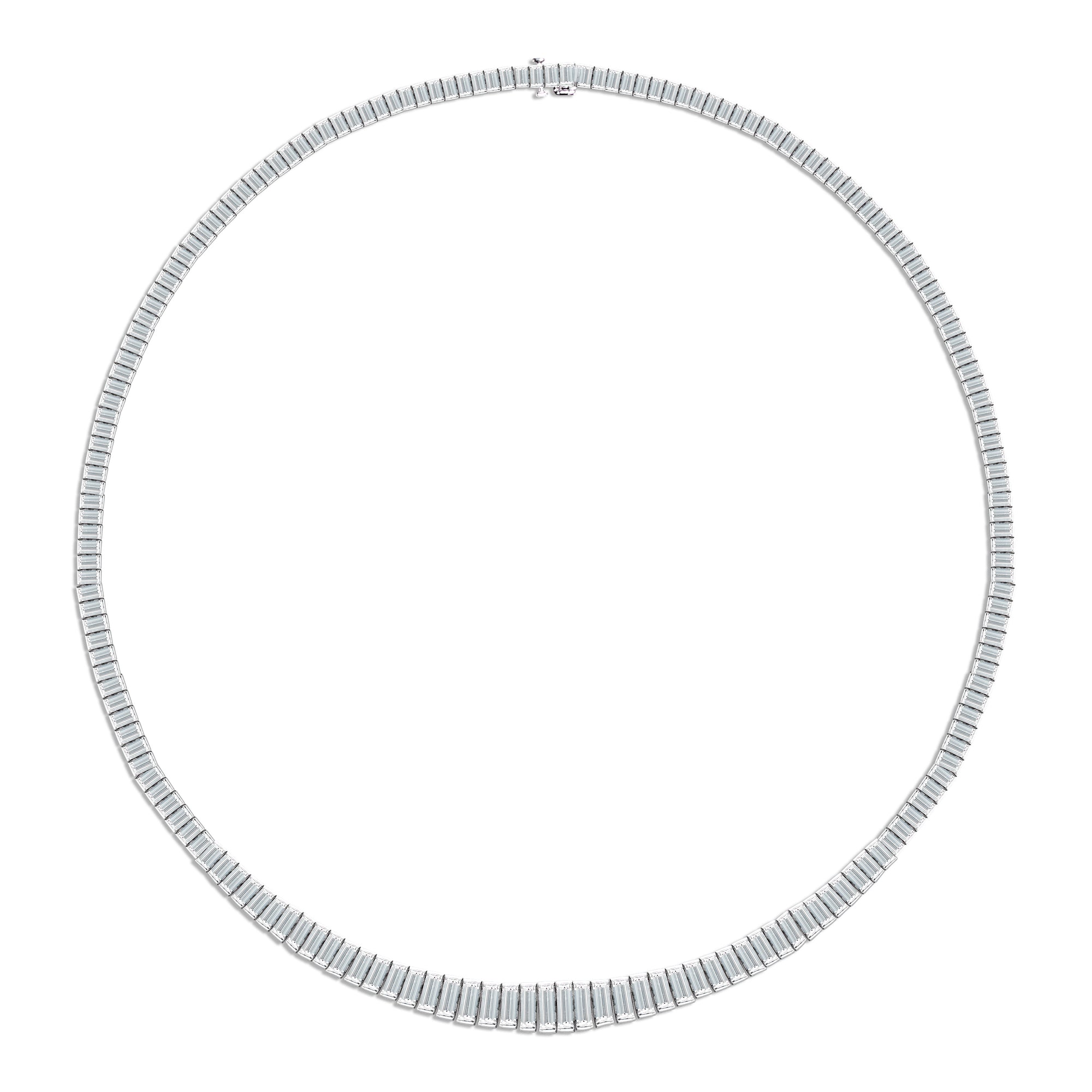 Diamond Baguette Tennis Necklace  - Platinum weighing 65.60 grams  - 185 straight baguettes totaling 26.55 carats (GIA-graded D-E color, VS2+ clarity  One-of-a-kind pieces. Available in White gold only. 