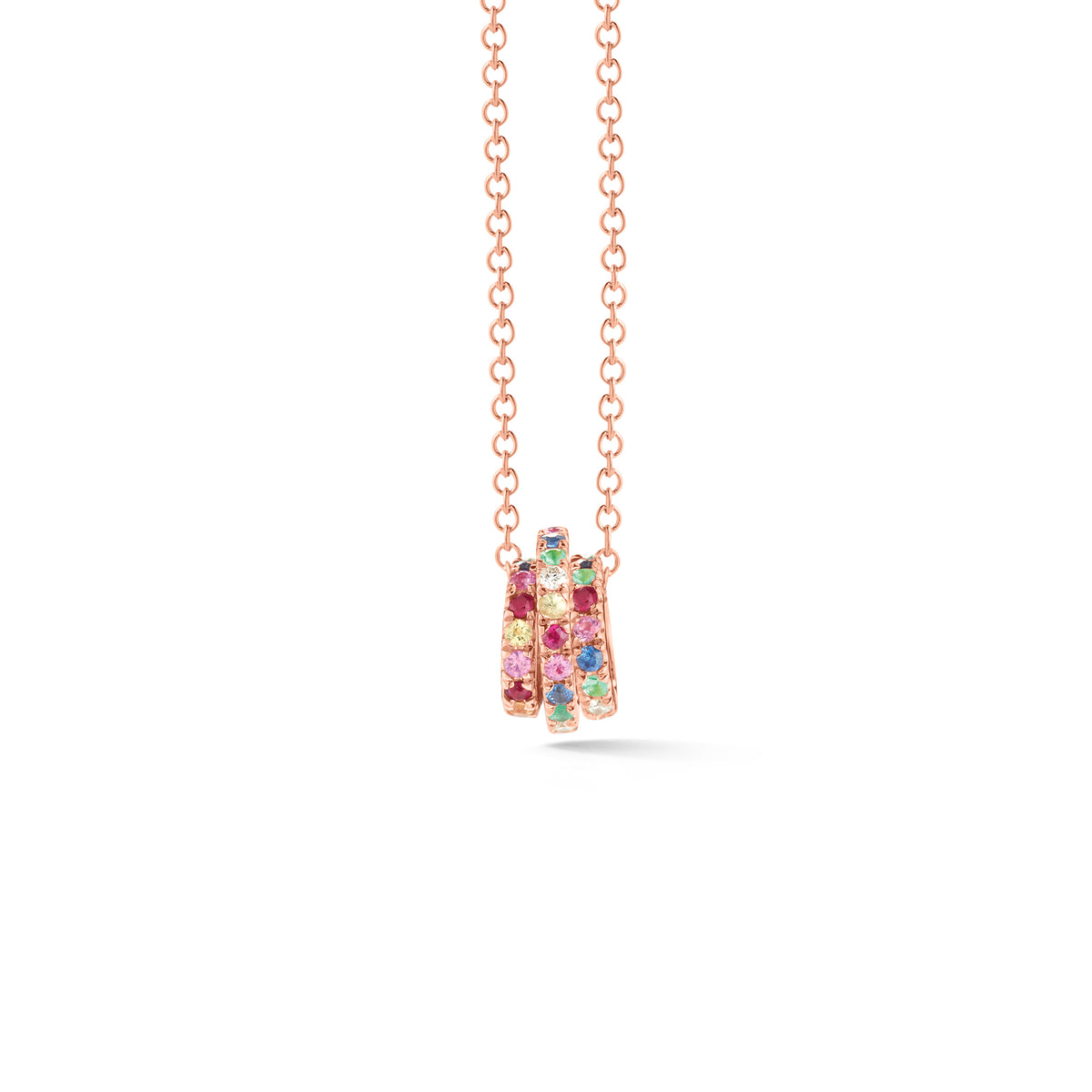 Diamond & Rainbow Gemstone Trio Necklace -14K rose gold weighing 2.02 grams -7 round prong-set diamonds totaling .05 carats -43 multicolor prong-set gemstones totaling 0.33 carats.