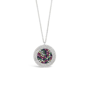 Multicolor Gemstone & Diamond Disc Pendant Necklace  -14K gold weighing 3.61 grams  -152 round bezel-set diamonds totaling 0.45 carats  -51 multicolor gemstones totaling 0.40 carats