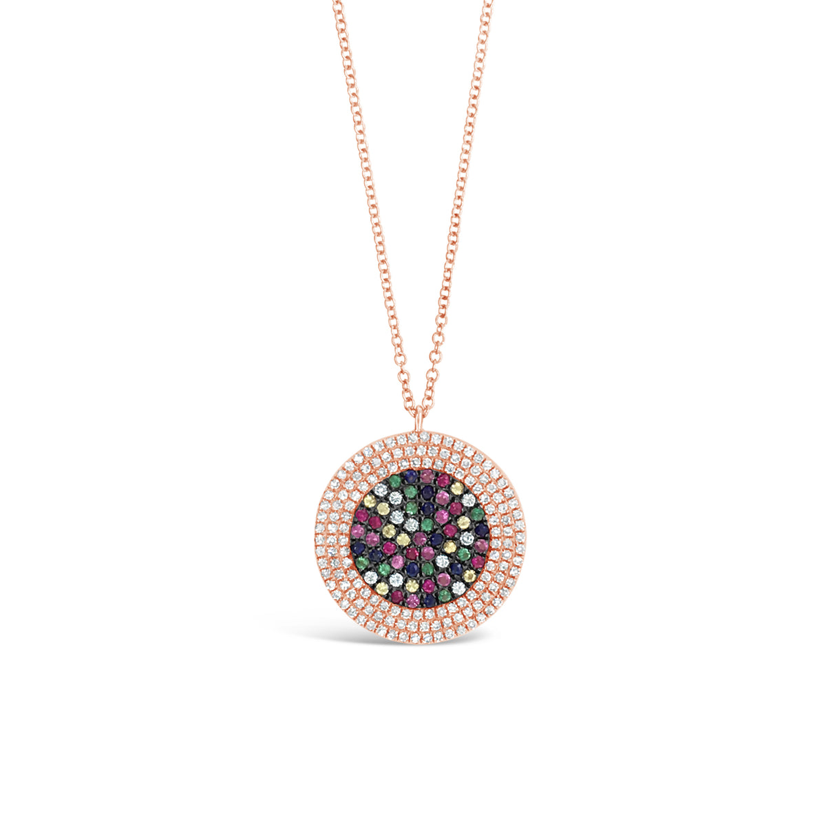 Multicolor Gemstone & Diamond Disc Pendant Necklace  -14K gold weighing 3.61 grams  -152 round bezel-set diamonds totaling 0.45 carats  -51 multicolor gemstones totaling 0.40 carats