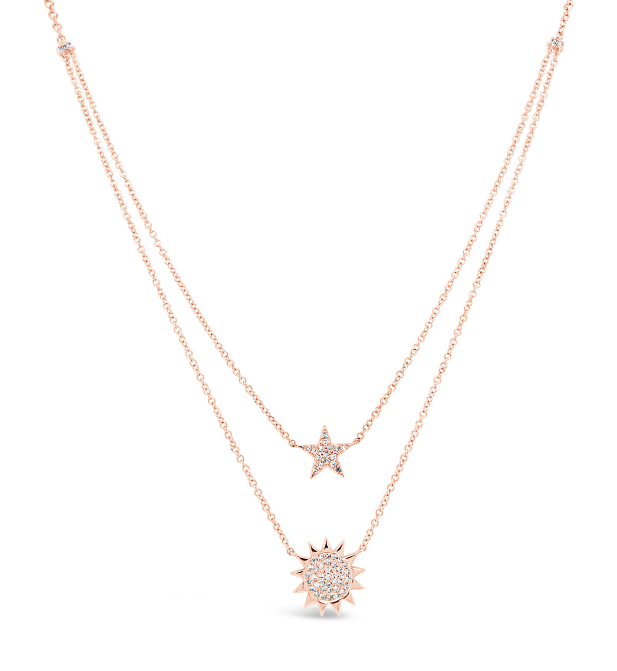 Sun & Star Layered Diamond Necklace  -14k gold weighing 1.5 grams  -Round diamonds weighing .06 carats  Available in yellow, white, & rose gold.
