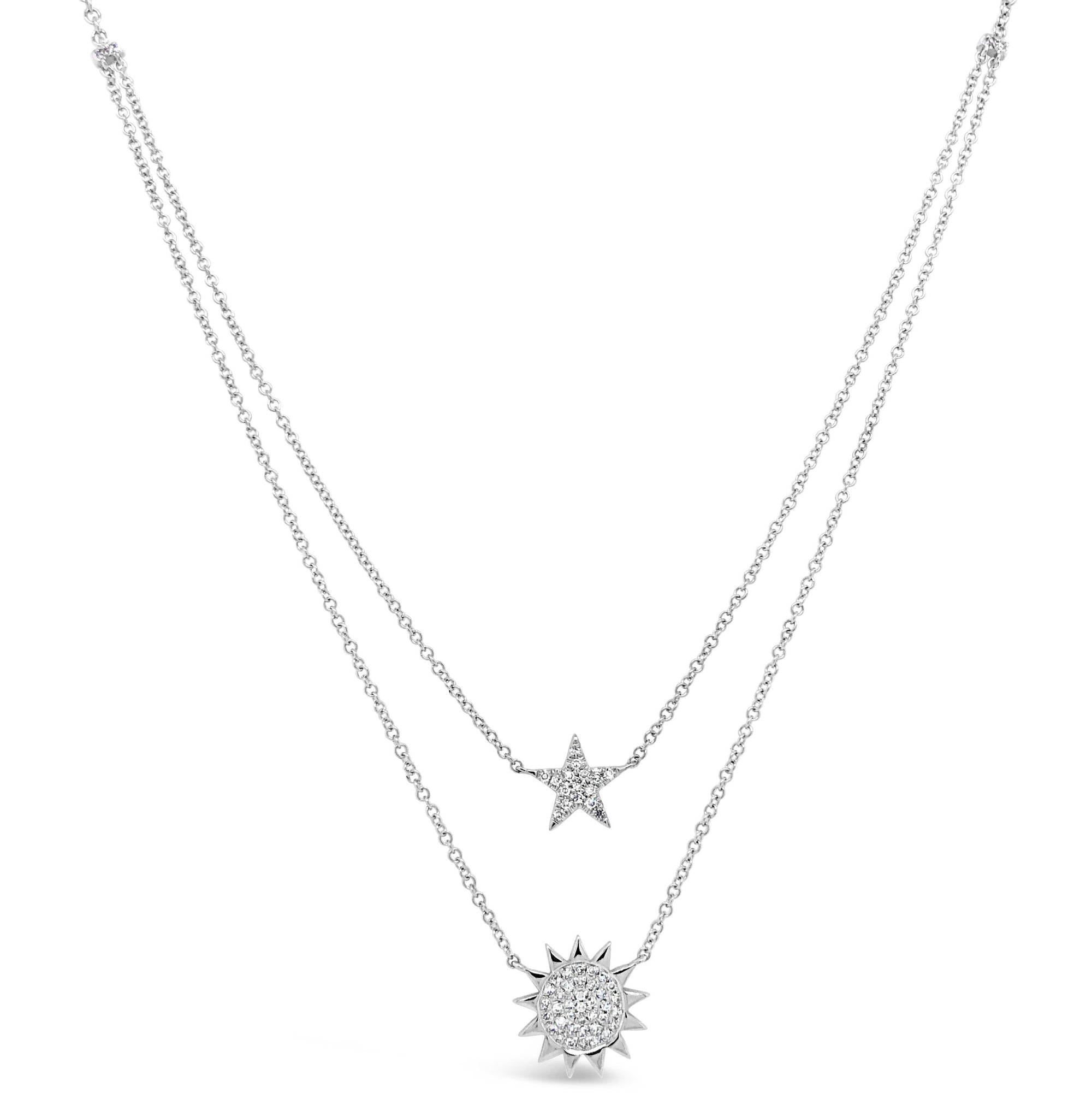 Sun & Star Layered Diamond Necklace  -14k gold weighing 1.5 grams  -Round diamonds weighing .06 carats  Available in yellow, white, & rose gold.