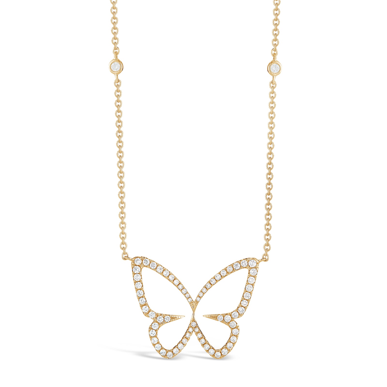 Diamond Butterfly Cutout Pendant Necklace -18K yellow gold weighing 4.34 grams -67 round diamonds totaling 0.49 carats.