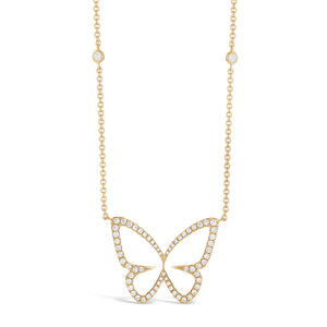 Diamond Butterfly Cutout Pendant Necklace -18K yellow gold weighing 4.34 grams -67 round diamonds totaling 0.49 carats.