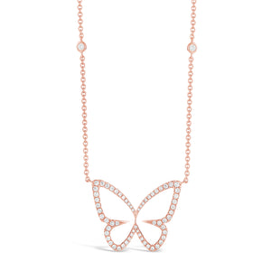 Diamond Butterfly Cutout Pendant Necklace -18K rose gold weighing 4.34 grams -67 round diamonds totaling 0.49 carats.