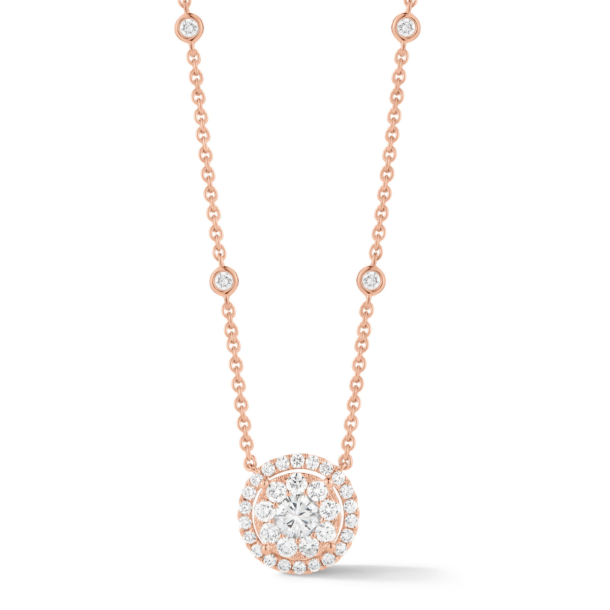 Diamond Halo Station Necklace  18k gold, 5.23 grams, 1 round diamond .32 carats, 35 round diamonds .69 carats.